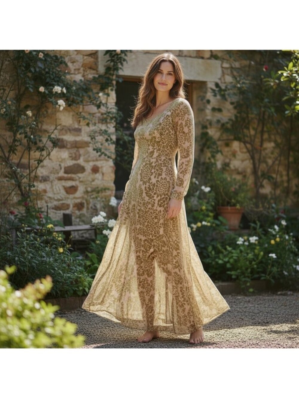 Jane Booke Velvet Burnout Maxi Dress Long Sleeve Semi Sheer Boho Women's Small